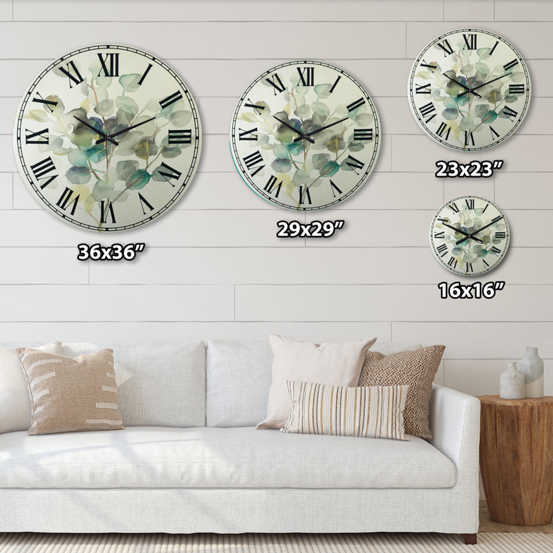 Eucalyptus feuilles I - Horloge murale traditionnelle, horloge murale en métal vert, Surdimensionné