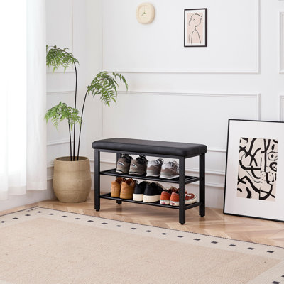 Petit banc à chaussures, étagère à chaussures à 3 niveaux, banc de rangement pour chaussures avec coussin de siège en polyuréthane, banc de rangement pour chaussures d'entrée avec tablettes en maille métallique, range-chaussures autoportant pour le couloir