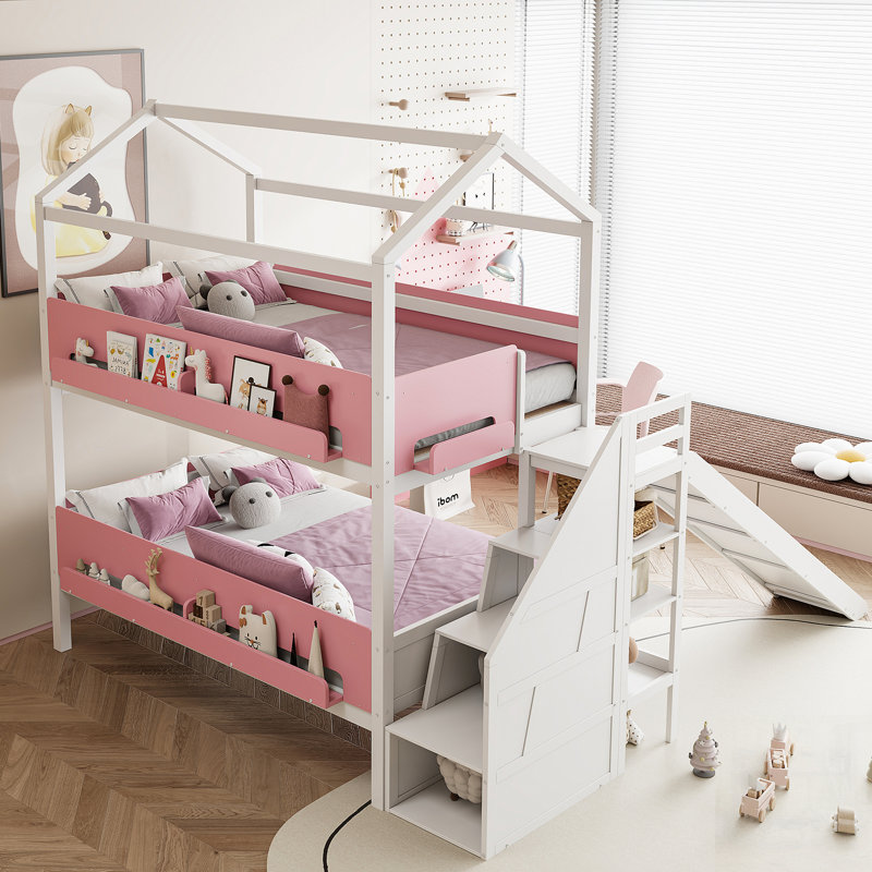 Lit superposé en bois en forme de maison avec glissade et escalier de rangement, cadre de lit simple / simple / double pour enfants