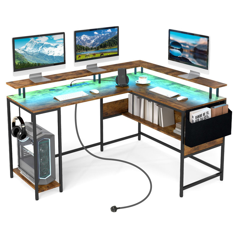 L-Shaped Metal Base Computer Desk, Brown