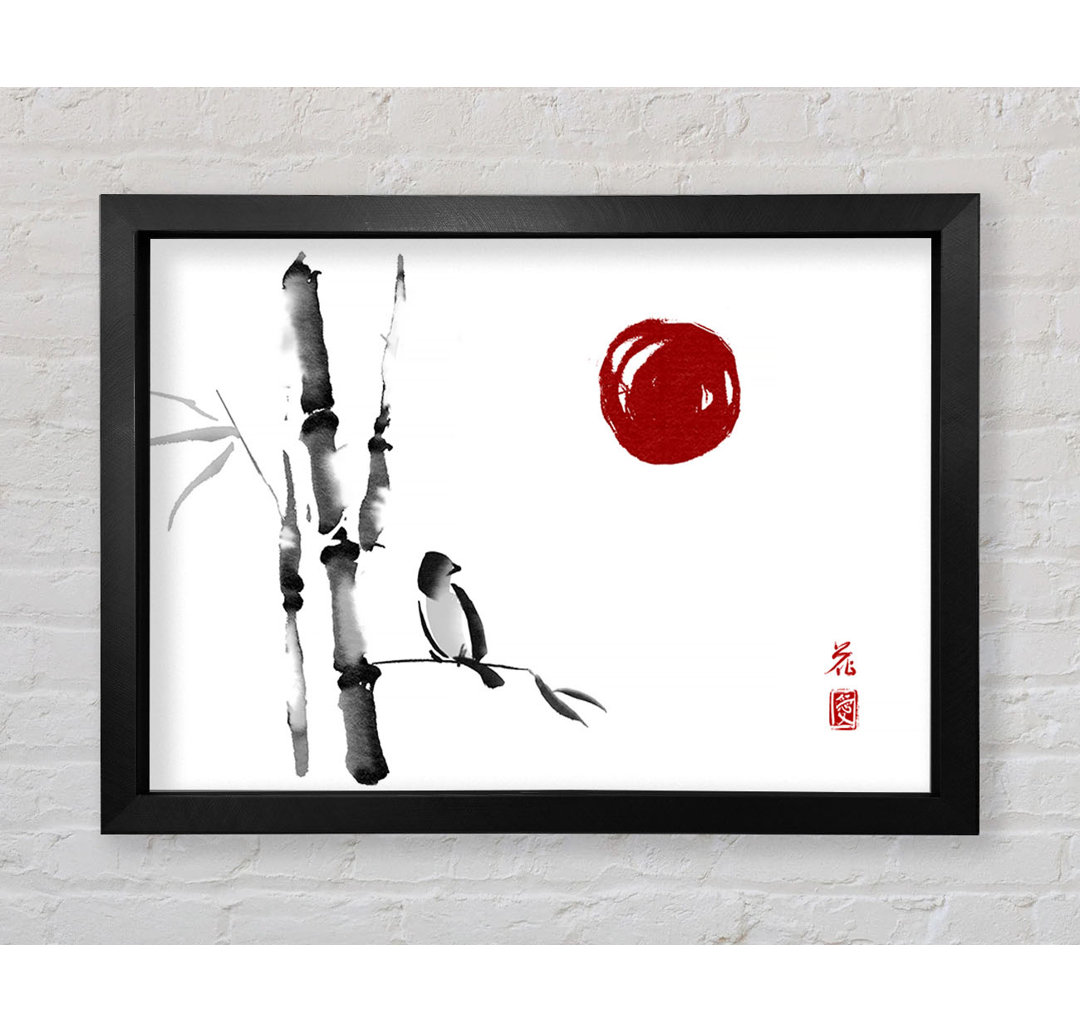 Gerahmtes Leinwandbild Japanese Bamboo Bird In The Red Sun