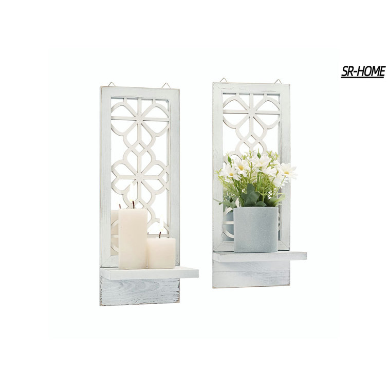 Amazon.com: Wall Mirrored Candle Sconces Set of 2, Decorative Wooden Candle  Holder, Rustic Candle Sconce, White Living Room Wall Decoration : Home &  Kitchen