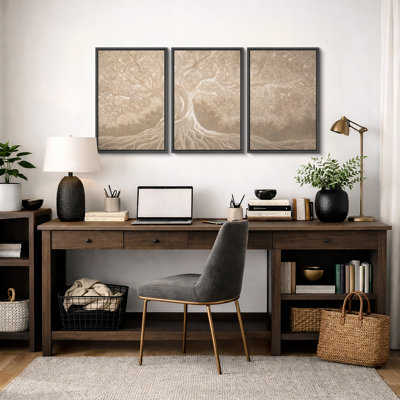 Neutral Beige Tree with Flowing Roots and Branches - Extra Large Pictures Framed Canvas Print 3 Pieces Wall Art