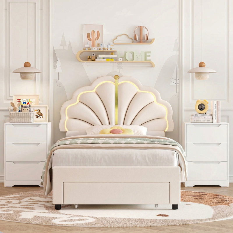 Ensemble de chambre à coucher 3 pièces, lit tapissier à DEL, cadre de lit princesse avec tiroirs, Blanc cassé, Double
