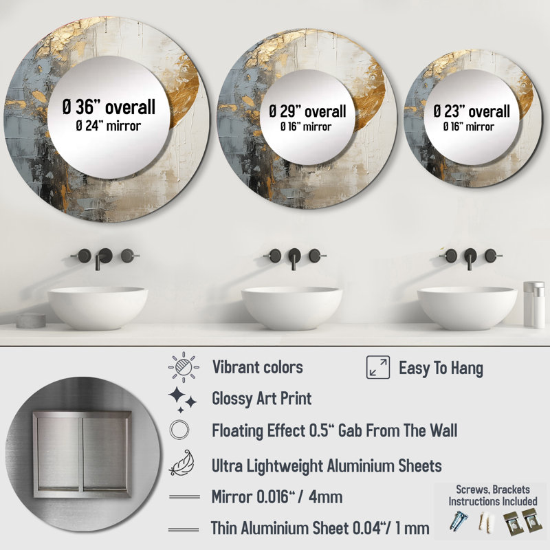 Minimalism Grey Gold Moon Poteries - Abstract Spirals Decorative Wall Mirror, Gray Round Mirror, Printed Metal Art, 36" x 36"