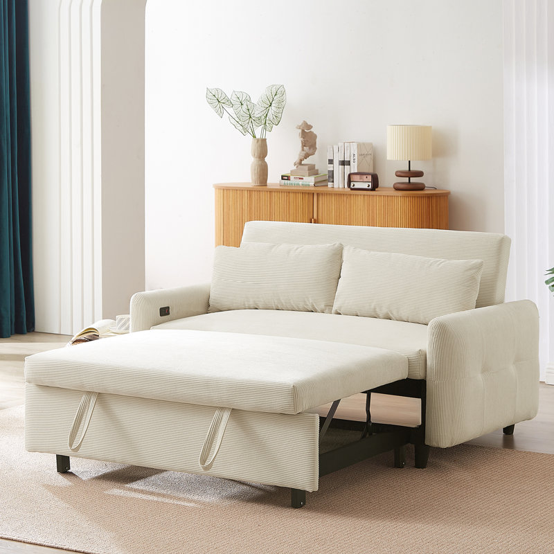 Canapé-lit escamotable de 57,5 po avec dossier réglable et coussins Aikens, Velours côtelé beige