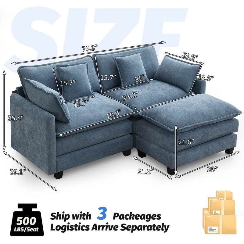 Canapé modulaire rembourré en chenille avec repose-pieds Chenille, 3, Bleu