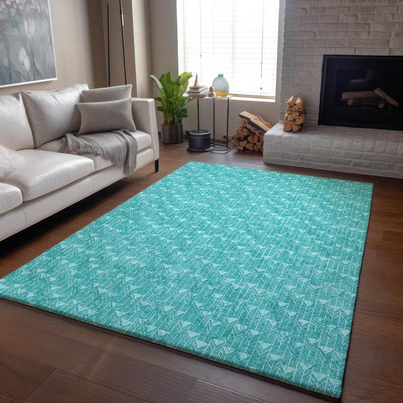 Premium Machine Washable Cerrito AMF514 Teal Rug, Rectangle 3' x 5'
