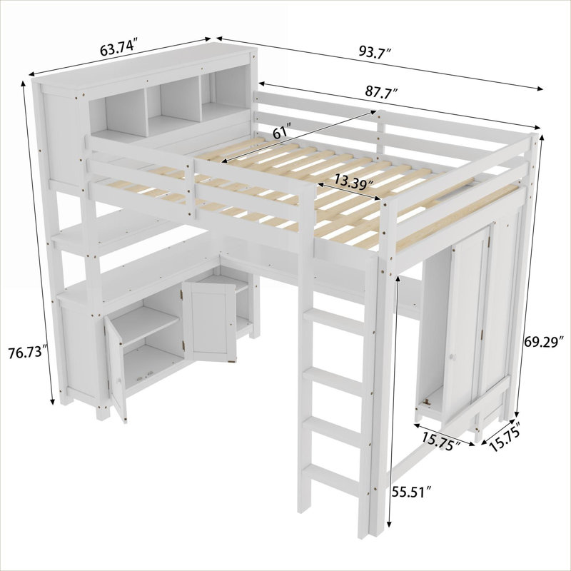 Classic White Solid Pine Queen Size Multi-Functional Storage Platform Loft Bed with Integrated Desk, Wardrobe and Bookshelf