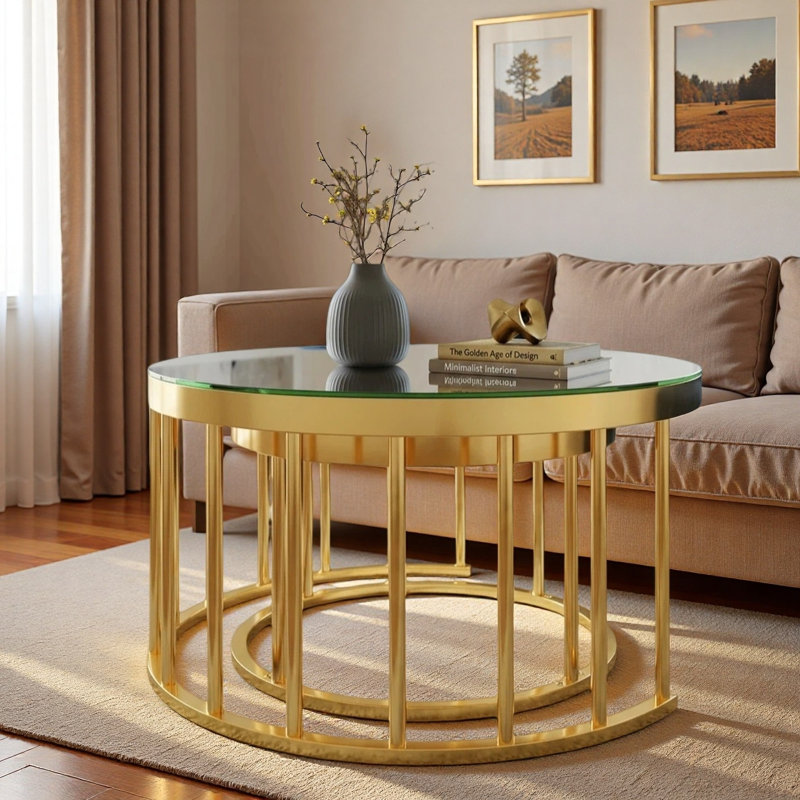 Ensemble de 2 tables basses gigognes modernes avec dessus en verre trempé et structure en métal doré, White / Gold