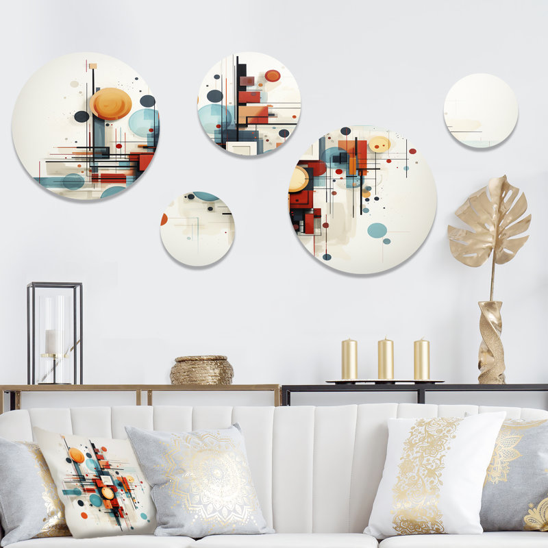 Ensemble de 5 reproductions d'art murales rondes Mid-Century Square and Shapes Harmony III
