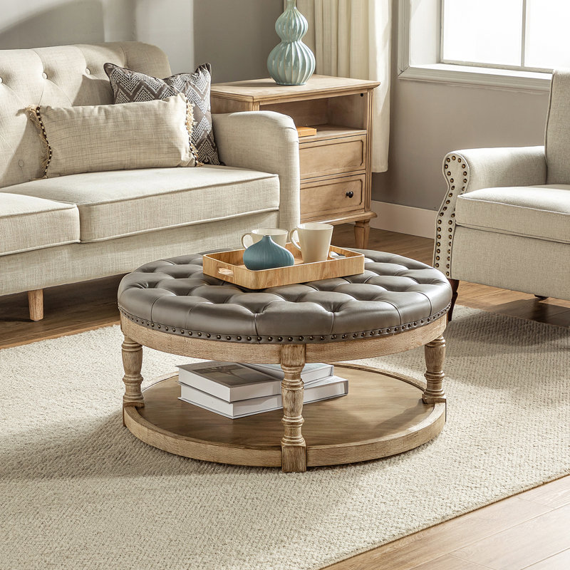 Ameliana Storage Ottoman with Button Tufting, Gray Faux Leather