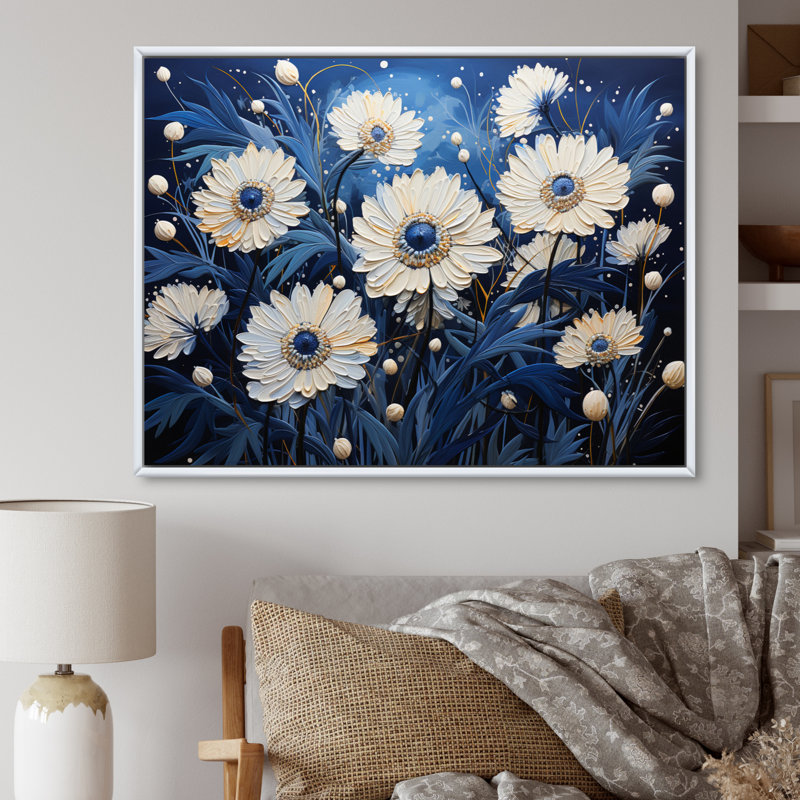 «Blue Cornflowers Cascading IV», reproduction sur toile, Cadre flottant blanc, H 24 po x l 32 po x P 1 po