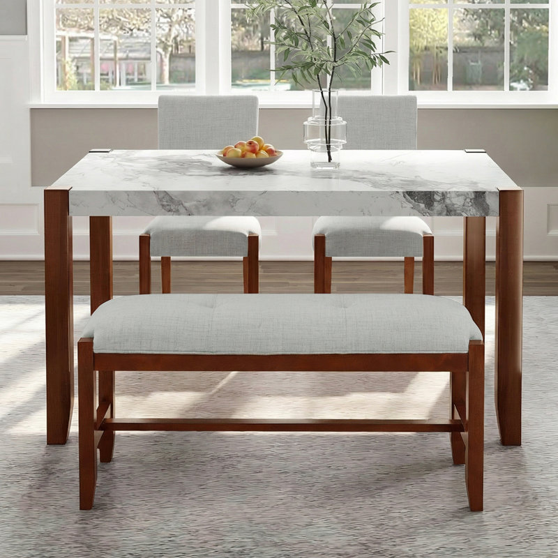 Ensemble de salle à manger 4 pièces avec 1 table, 2 chaises rembourrées et 1 banc, Brun et beige
