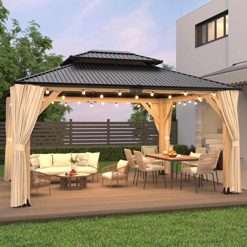 Solid Wood Patio Gazebo With Privacy Curtains And Netting, Patio Cedar Wood Gazebo Galvanized Steel Hardtop Heavy Duty Frame For Garden, Lawn, Poolside, Backyard Deck