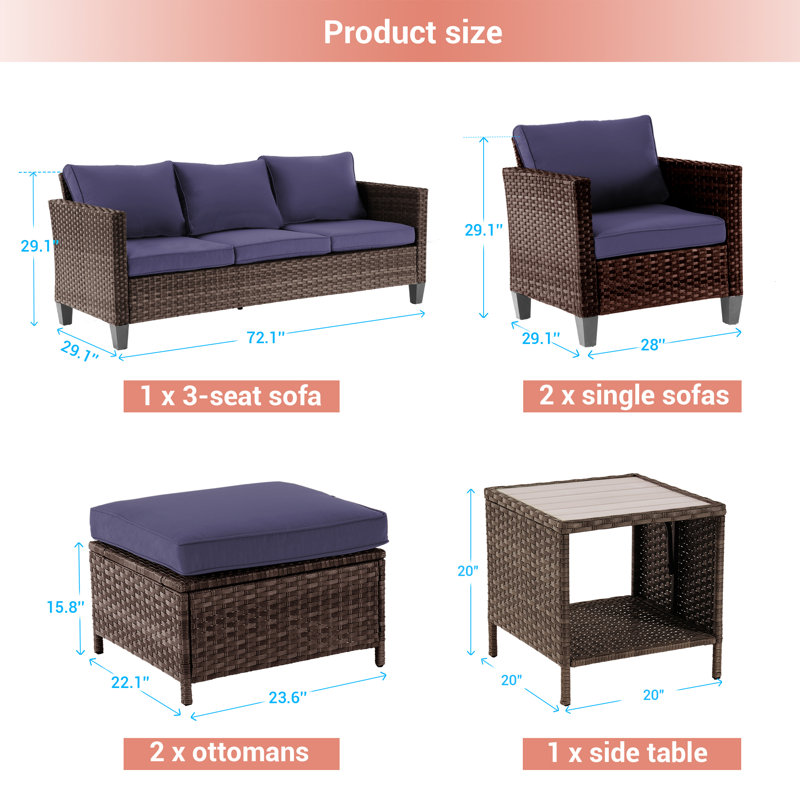 Jonson Wicker 5 - Person Patio Conversation Set with Cushions, Navy Blue, Brown