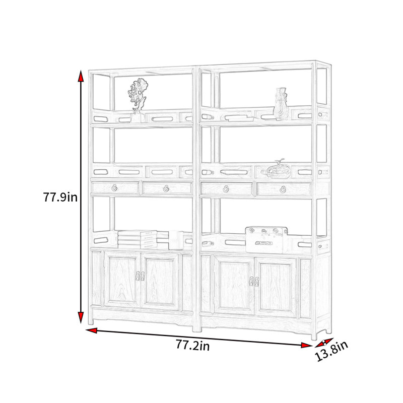 Nouvelle bibliothèque de style rétro classique chinois, (2 tablettes) H 77,9 po x l 77,2 po x P 13,8 po