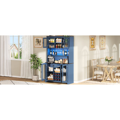 70.9" Navy Blue Rustic Kitchen With Power Outlets, Wine Bottle Storage, And Led Strip For Living Space Cabinet Dining Room