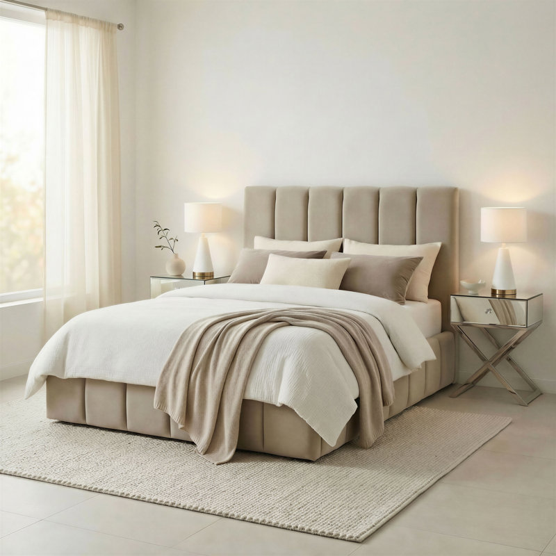 Rudasill Upholstered Ottoman Storage Bed Frame - Vertically Stitched Contemporary Headboard, Taupe Velvet, Double