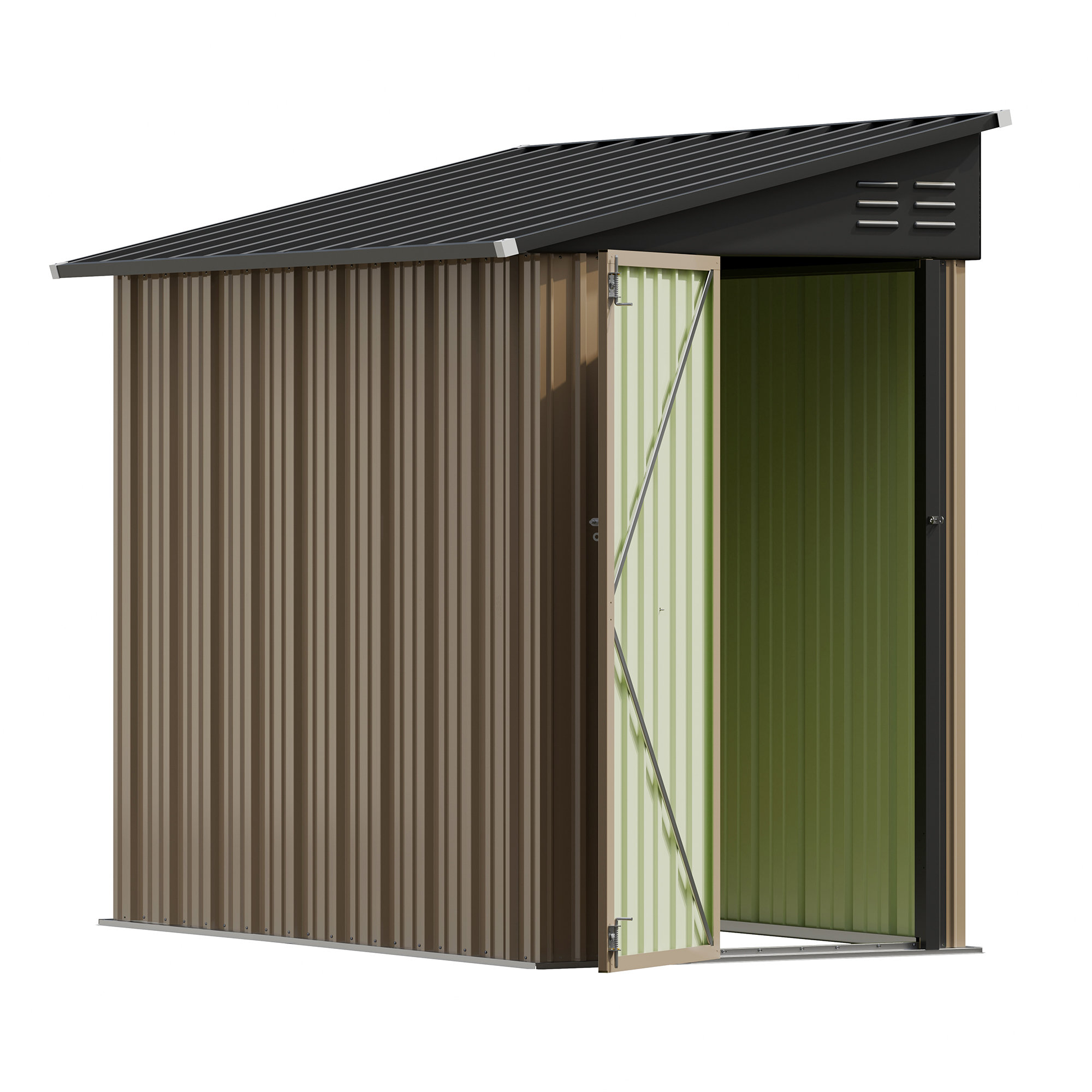 6x4 Ft Outdoor Storage Shed, Lean To Storage Shed, Garden Tool Metal Storage House With Lockable Door, 2 Air Vents And Sloped Roof For Backyard, Patio, Lawn, Brown - Brown, 71" H x 74.3" W x 48.2" D