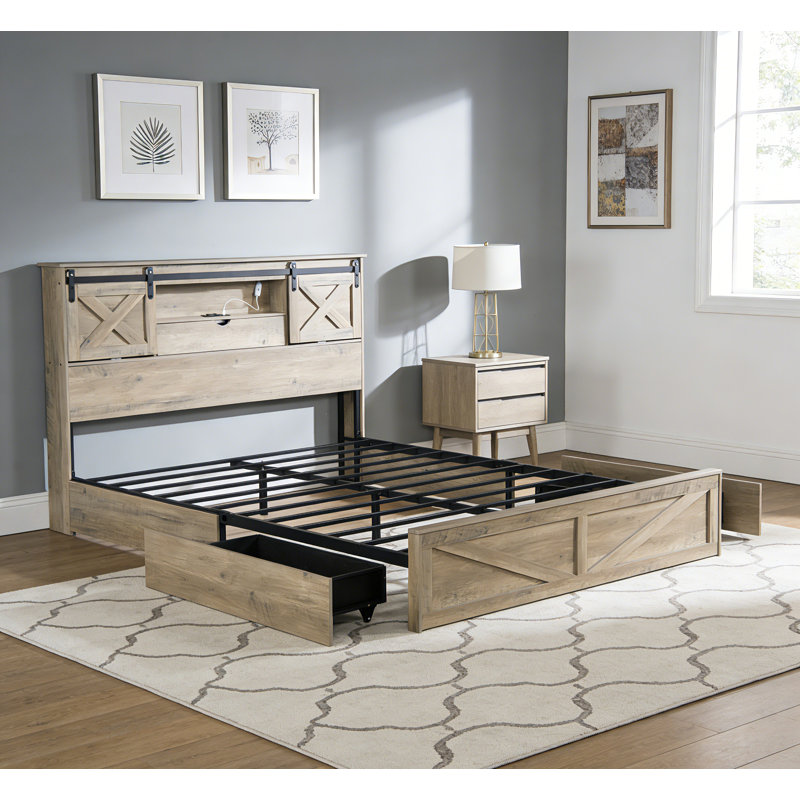 Natural Queen Wood Bed With Led Lights And 2 Drawers