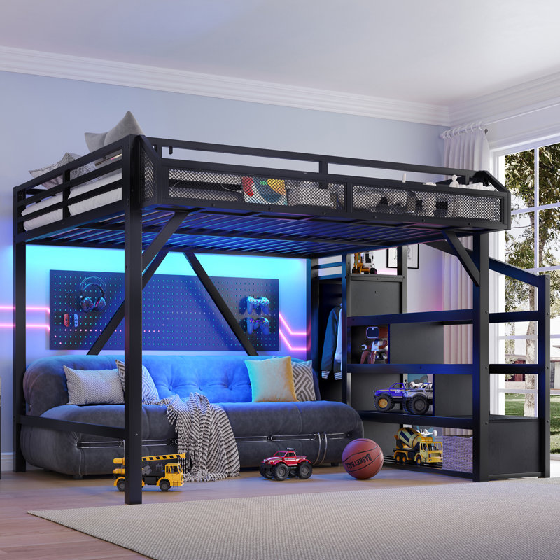 Queen Loft Bed with Storage Stairs, Shelves & Built-in Wardrobe, USB Ports & LED Lights, Noise-Reduced, Black, Queen