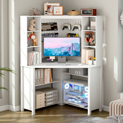 35"× 35" - Pentagonal Corner Computer Desk With Power Outlets, Adjustable Led Lighting, Perforated Back Panel Design