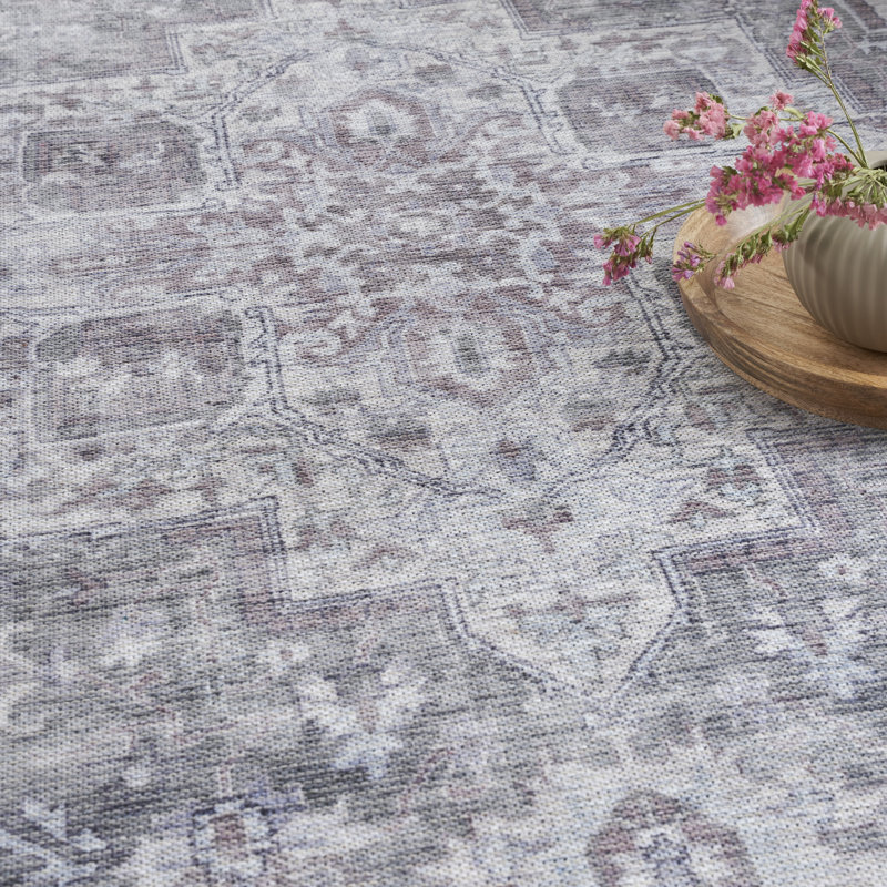 Tapis oriental gris / ivoire en polyester / coton lavable à la machine, Rectangle 5 pi 3 po x 7 pi 3 po
