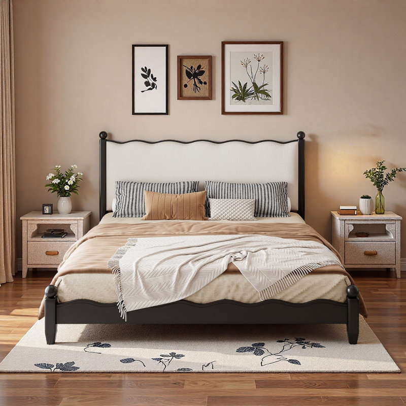Lit plateforme en bois avec tête de lit tapissier festonnée, Grand lit, Noir / Beige