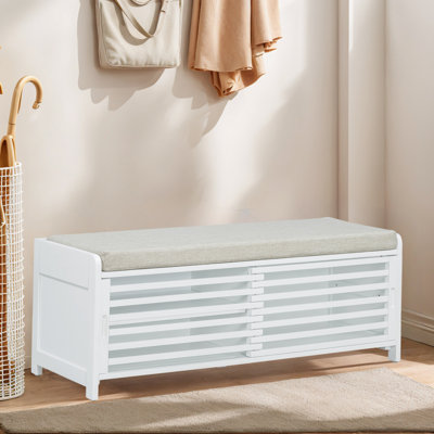 Retro Distressed Shutter Shoe Bench with Storage & Cushioned Seat | Entryway & Living Room Organizer