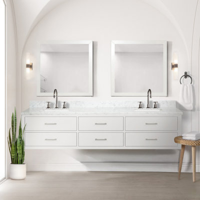 Meuble-lavabo double blanc 84 po X P 22 po D, dessus en marbre de Carrare, ensemble de robinet et Miroirs