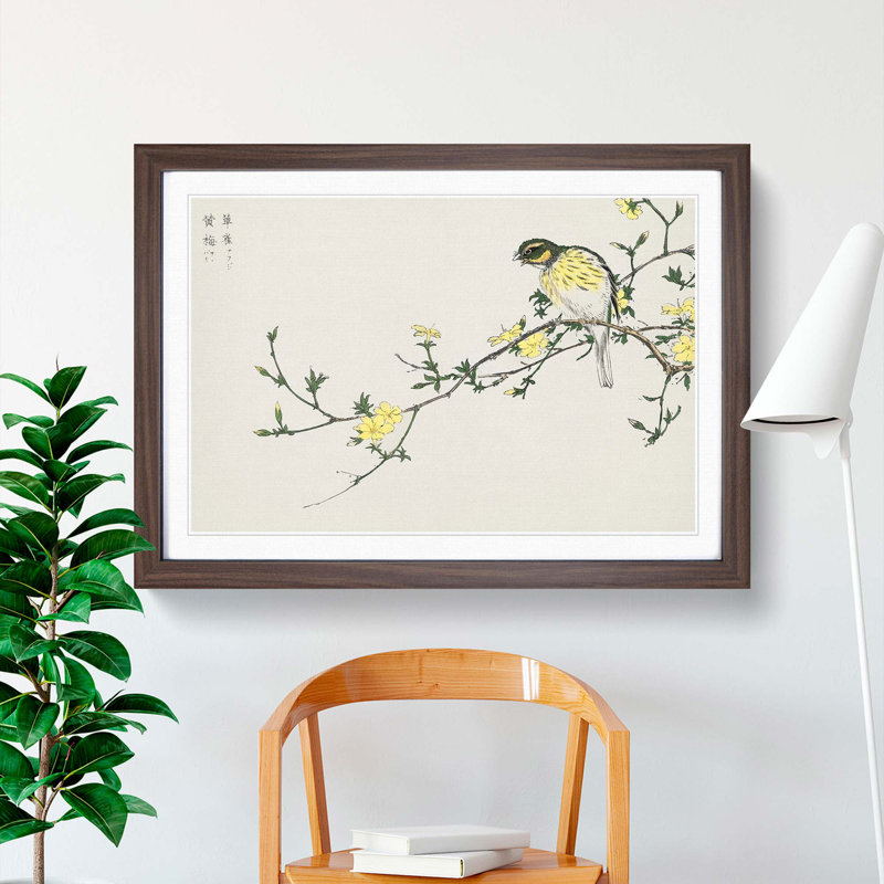 Bunting Bird on a Plum Tree by Numata Kashu - Picture Frame Art Print, 48cm H x 65cm W x 2cm D, Walnut Framed