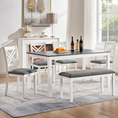 6 Piece Kitchen Dining Set, Rectangular Wooden Dining Table with 4 Upholstered Chairs and a Bench, Dining Table Set for 6 People