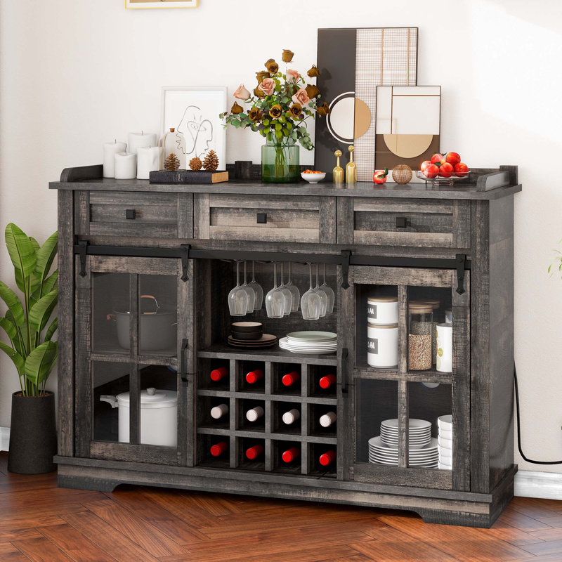 Bogosta 53" Coffee Wine Bar Cabinet with Charging Station, Sliding Barn Door and 3 Drawers, Black