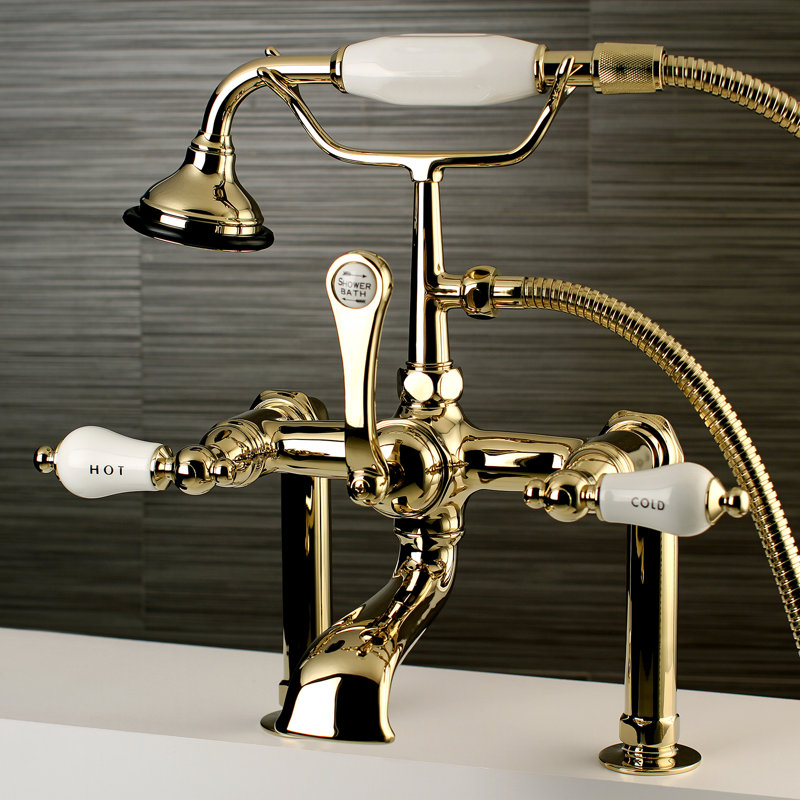 Kingston Brass Aqua Vintage Three-Handle 2-Hole Deck Mount Clawfoot Tub Faucet with Hand Shower, Polished Brass