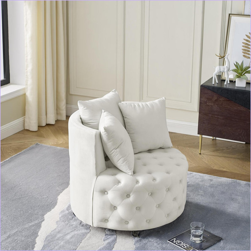 Velvet Swivel Accent Chair for Living Room – Button Tufted with Movable Wheels &amp; 3 Pillows | Beige | Foam, White Velvet
