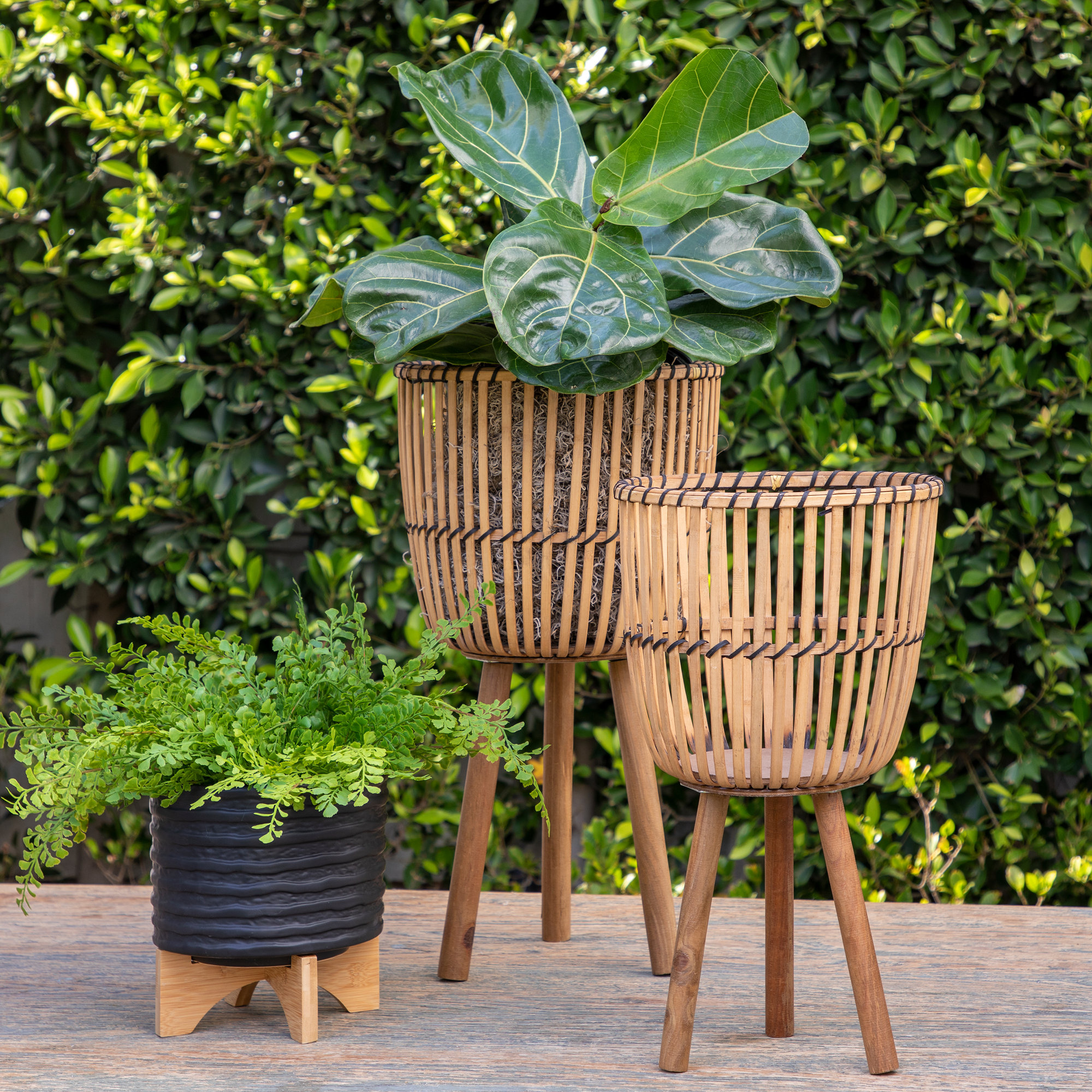 Wicker Modern Boho Bamboo Planter Set, Light Natural, 26" H x 15" W x 15" D, Set of 2