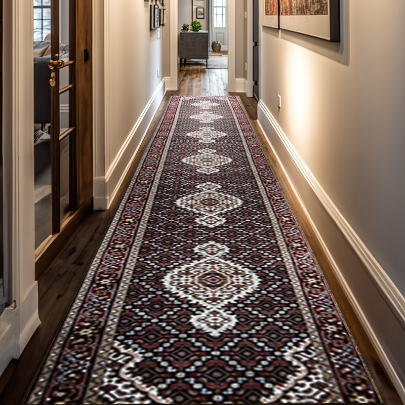 Tapis brun / gris / rouge noué à la main de haute qualité, Tapis de couloir 2 pi 6 po x 18 pi