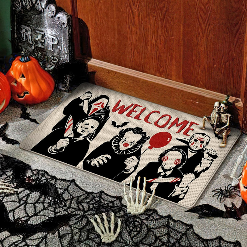 Tapis de porte décoratif « Bienvenue » avec personnages de films d'horreur d'Halloween, motif sanglant, antidérapant, pour intérieur et extérieur. Décoration pour la maison et la cuisine : chauves-souris effrayantes et ballons (43 x 74 cm).