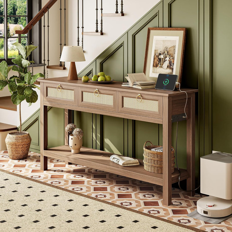 Rattan Console Sofa Table With Outlets And USB-C Port, 3 Drawer Entryway Table With Synthetic Rattan Surface, Open Shelf, Behind Couch Entry Foyer Hallway Storage, Brown