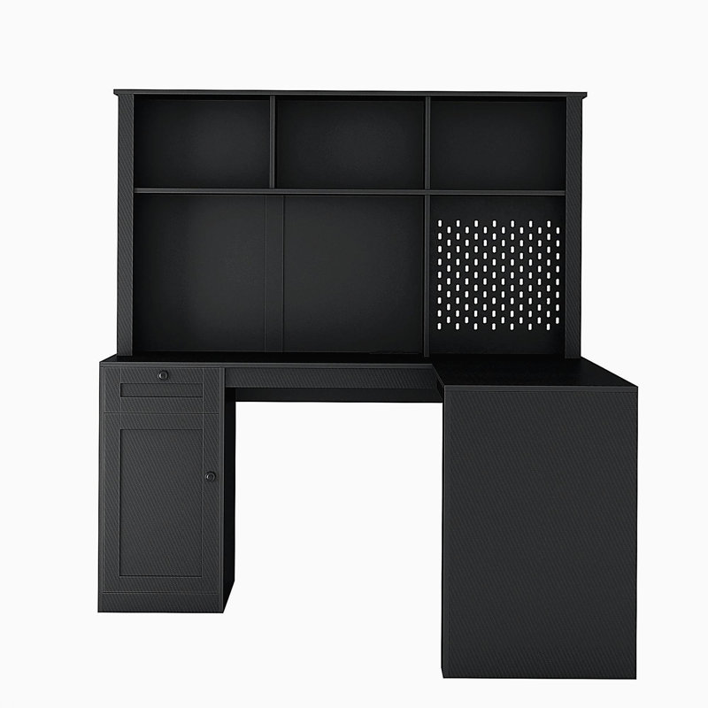 Bureau en L avec chargeur, bureau d'ordinateur avec tiroirs, bibliothèque, bureau d'angle moderne, bureau à domicile, bureau d'écriture en L, bureau d'ordinateur en fibre de carbone avec rangement, noir