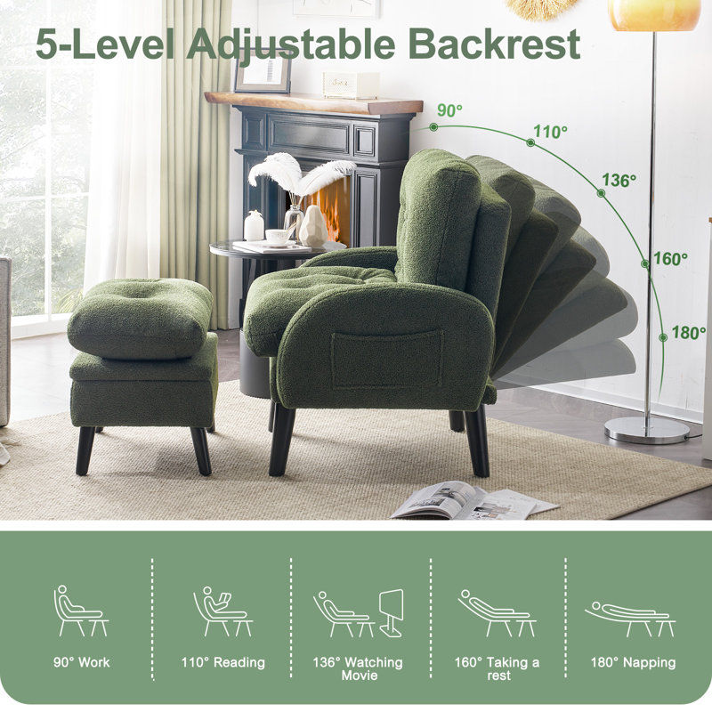 Elandra Upholstered Accent Chair and Ottoman, with 5 Level Adjustable Backrest, Green Teddy Fleece