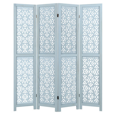  4-Panel Wooden Room Divider w/ Carved Cutout Pattern & Solid Wood Frame