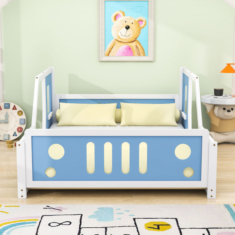 Car-Shaped Platform Bed With Decorative Wheels, Blue, Full