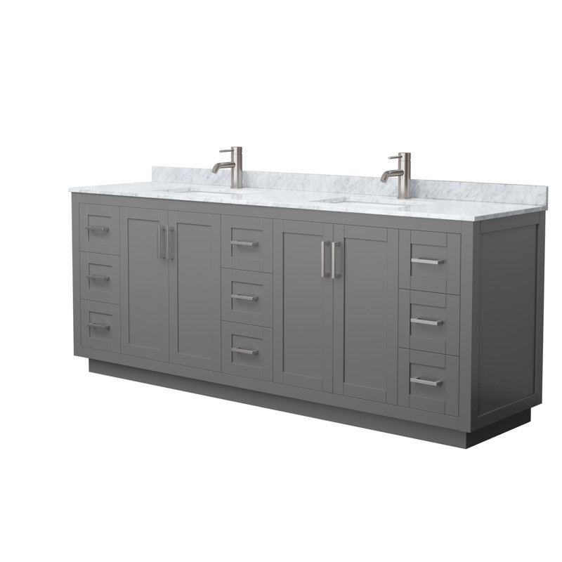 Ensemble de meuble-lavabo double autoportant 84 po avec plateau en marbre Miranda, Gris foncé, Nickel brossé