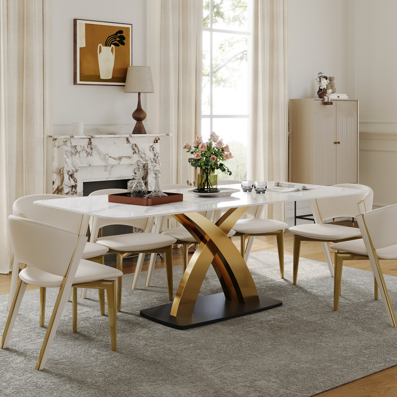 Hugette 79'' Rectangular Dining Table for 6-8 People, Modern Kitchen Table with Sintered Stone Tabletop and Gold X- Shape Metal Base for Home Dining Room, Restaurant, White and Gold