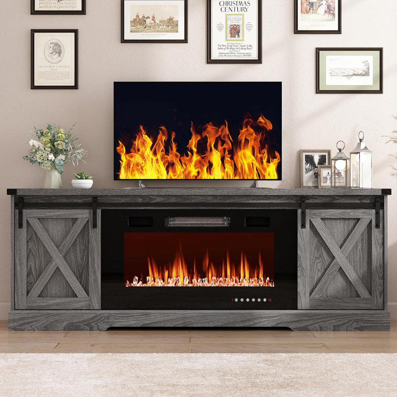 Farmhouse Fireplace TV Stand For 70/75/80 Inch TV, 70 Inch Entertainment Center Storage Cabinets With 36”Electric Fireplace And Sliding Barn Doors, Media Console Cabinet For Living Room