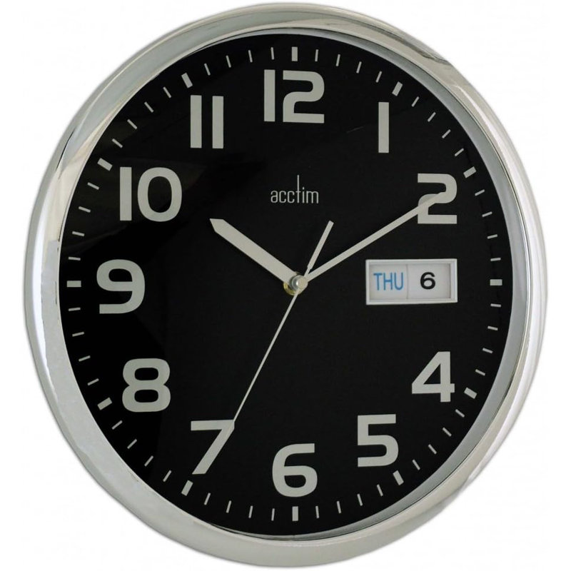 Acctim Supervisor Wall Clock Quartz Chromed Case Date / Day Display Easy Read Numbers Black 32cm