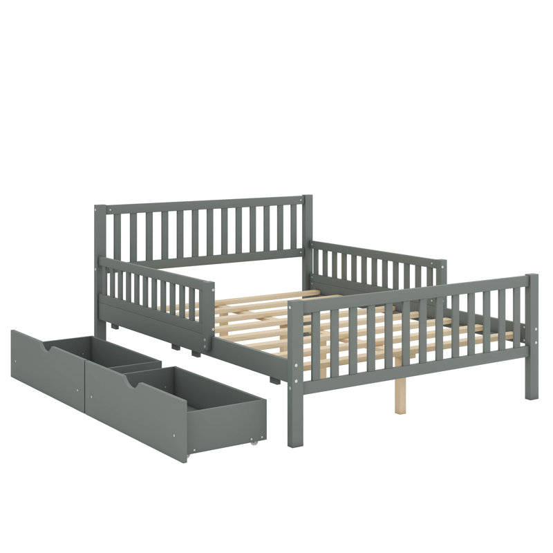 Wooden Platform Bed With Safety Guardrails, Full, Grey