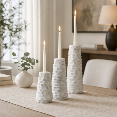 Textured Tapered Marble Candle Holders for Living Room - Modern Decorative Tabletop Display for Kitchen - Set of 3, 9", 8",6", Ivory